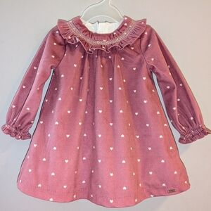 🩷 Mayoral Mauve Pink Long Sleeved Smocked Ruffled Heart Print Dress 6-9 Months